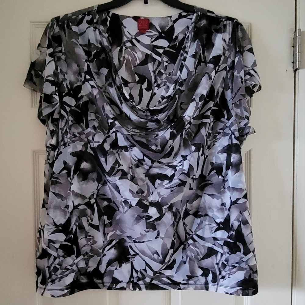 212 Collection 2X Black/White/Grey Blouse with Draped Neckline